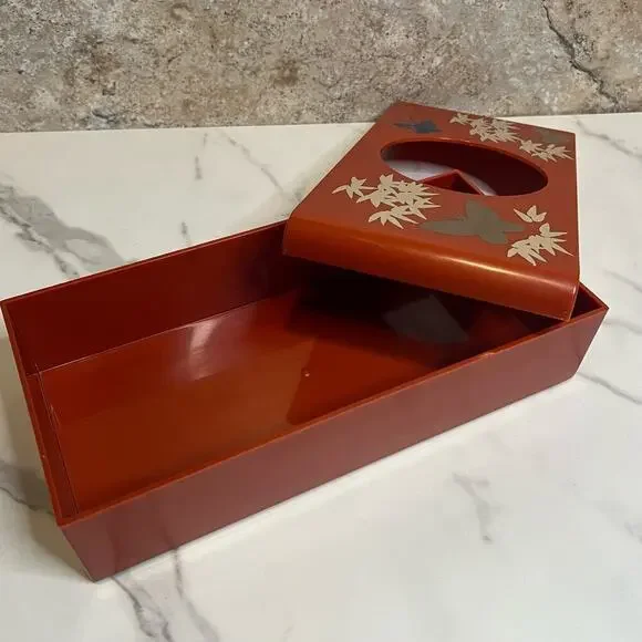 Vintage Retro Aquetta Ware Tissue Kleenex Holder Red Butterfly Floral Leaf MCM - Picture 13 of 13